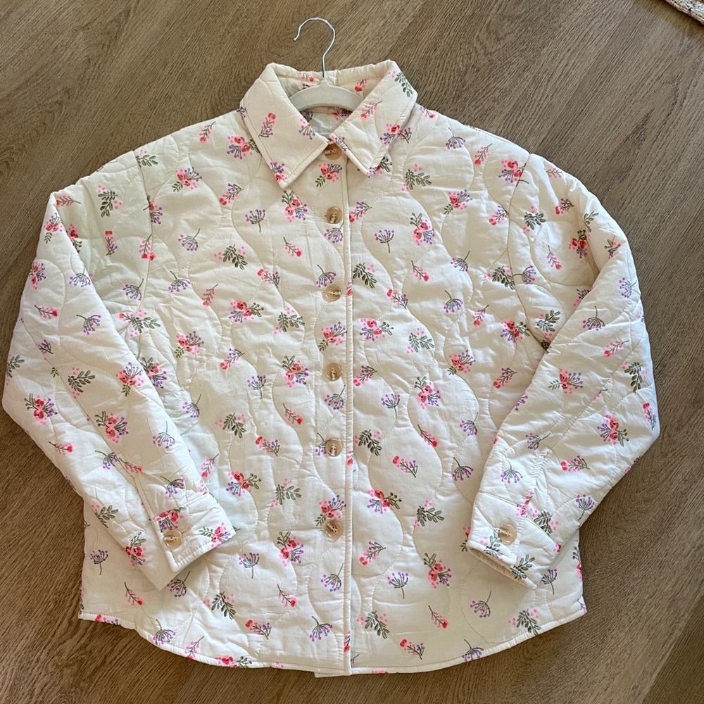 Quilted Floral Button-Up Jacket - Cream with Pink Floral